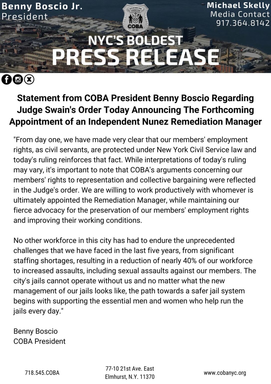 STATEMENT FROM COBA PRESIDENT BENNY BOSCIO ON JUDGE SWAIN'S ORDER ...